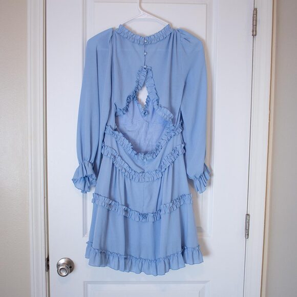 Powder Blue Ruffle Mini Dress Long Sleeve Cottagecore Fairy S | Light Summer - Picture 2 of 9